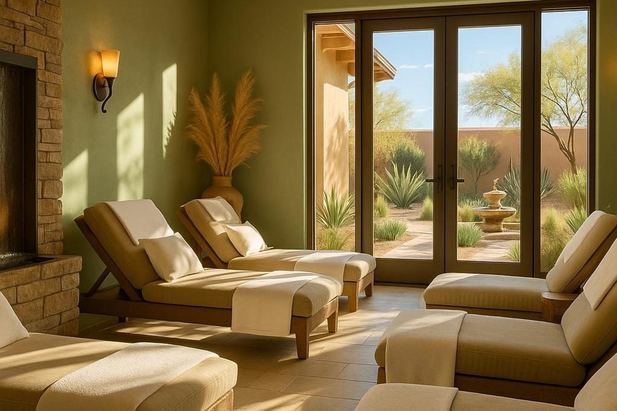Relaxation lounge at a Tucson day spa with desert courtyard views
