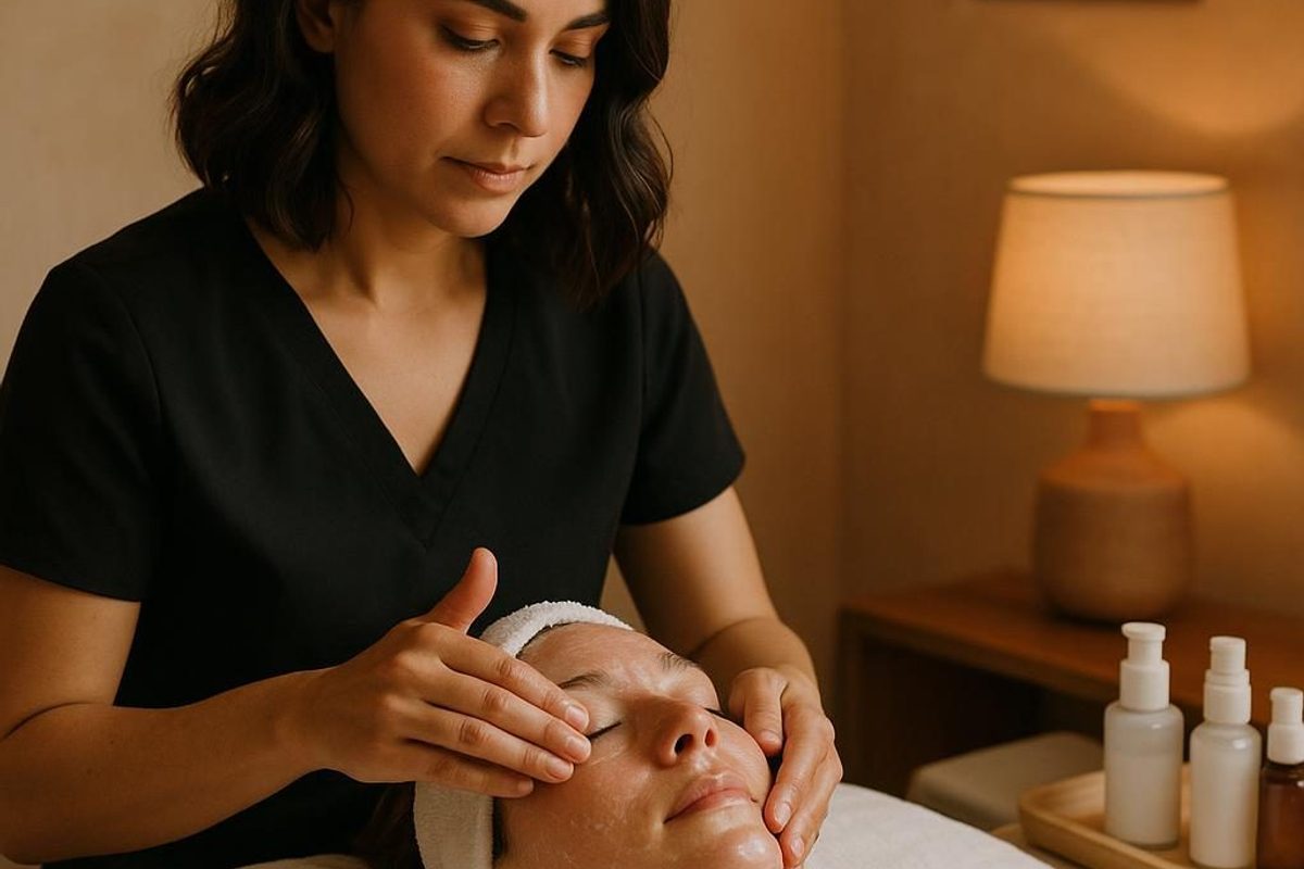 Aesthetician performing a facial treatment at a Tucson facial spa