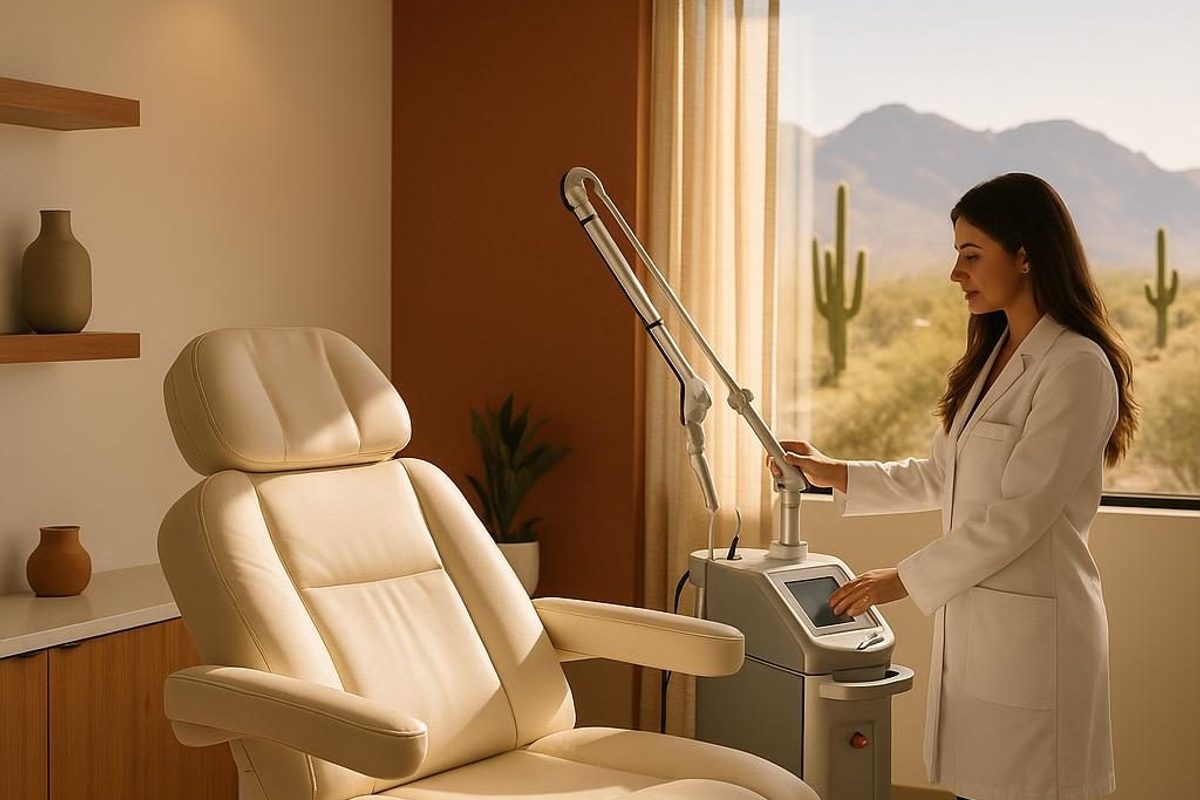Tucson med spa treatment room with laser equipment and desert mountain views