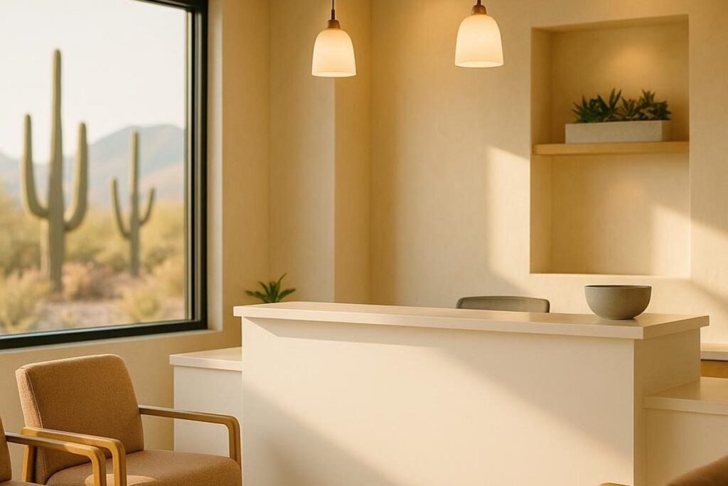 Reception area at a med spa in Tucson, Arizona with Sonoran Desert views